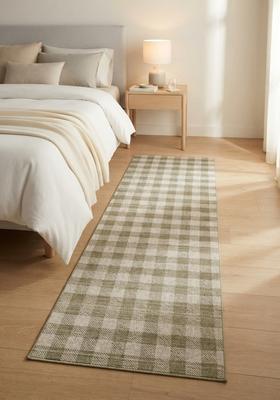 Saffron Rugs Wool Tufted Machine Washable Runner | Water Repellent Non Slip | Sage Green Farmhouse Checkered for Kitchen Bedroom Living Room Hallway