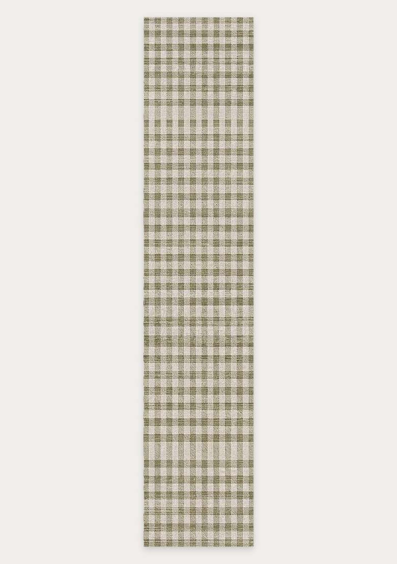 Washable Rugs Wool Blend Area Rug | Sage Green Farmhouse Checkered Non Slip Carpet For Kitchen - Indya