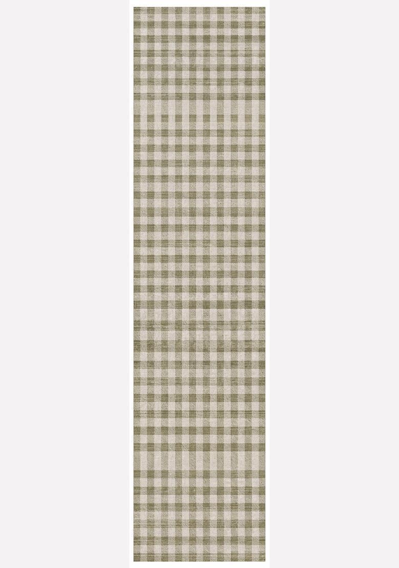 Saffron Rugs Wool Tufted Machine Washable Runner | Water Repellent Non Slip | Sage Green Farmhouse Checkered for Kitchen Bedroom Living Room Hallway - Indya