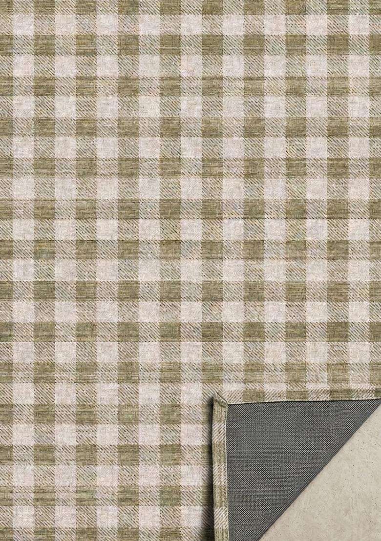 Saffron Rugs Wool Flat Woven Machine Washable Runner Non Slip | Sage Green Farmhouse Checkered for Kitchen Bedroom Living Room Hallway - Indya