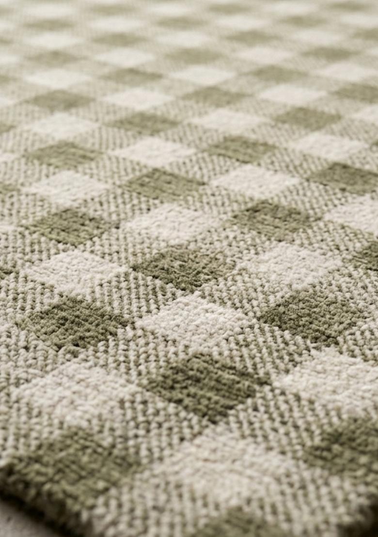 Saffron Rugs Wool Tufted Machine Washable Runner | Water Repellent Non Slip | Sage Green Farmhouse Checkered for Kitchen Bedroom Living Room Hallway - Indya