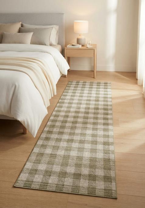 Saffron Rugs Wool Tufted Machine Washable Runner | Water Repellent Non Slip | Sage Green Farmhouse Checkered for Kitchen Bedroom Living Room Hallway