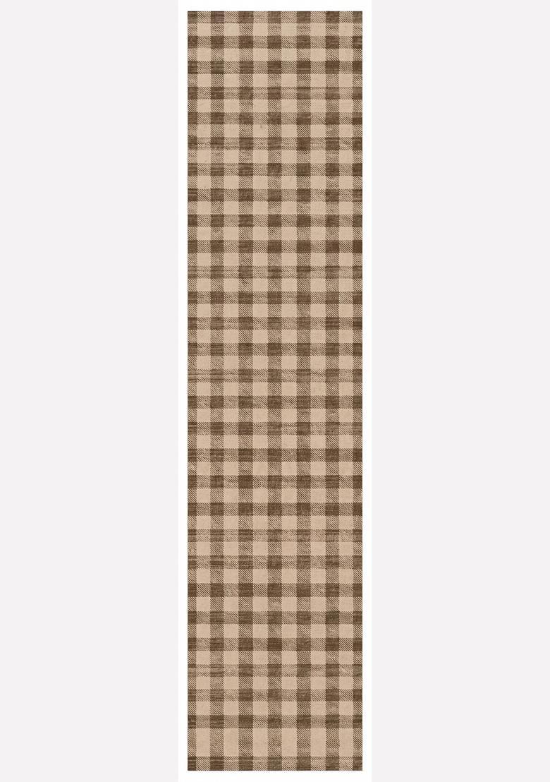 Saffron Rugs Wool Tufted Machine Washable Runner | Water Repellent Non Slip | Brown Beige Farmhouse Checkered for Kitchen Bedroom Living Room Hallway - Indya