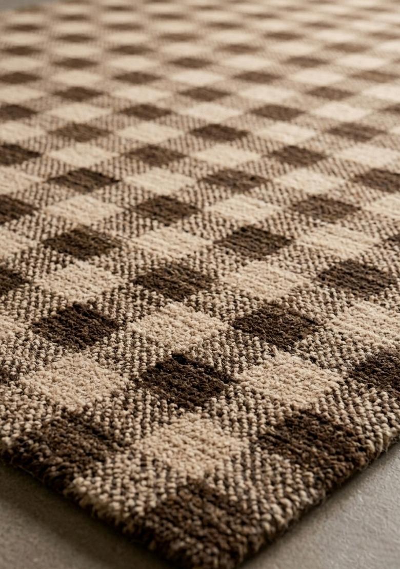 Saffron Rugs Wool Tufted Machine Washable Runner | Water Repellent Non Slip | Brown Beige Farmhouse Checkered for Kitchen Bedroom Living Room Hallway - Indya