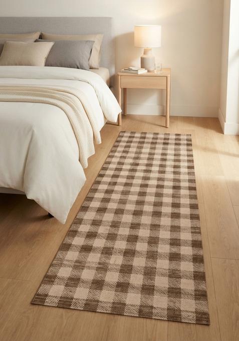 Saffron Rugs Wool Tufted Machine Washable Runner | Water Repellent Non Slip | Brown Beige Farmhouse Checkered for Kitchen Bedroom Living Room Hallway