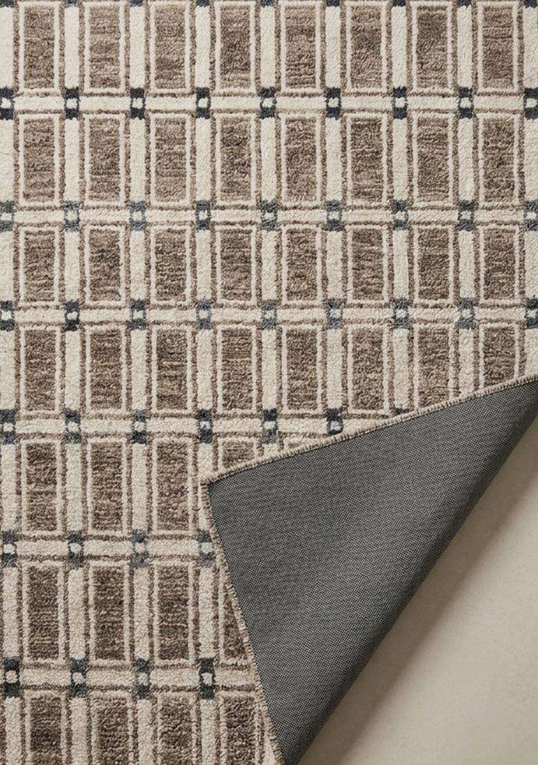 Washable Rugs Wool Blend Area Rug | Taupe Brown Contemporary Trellis Non Slip Carpet For Kitchen - Indya
