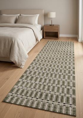Saffron Rugs Wool Tufted Machine Washable Runner | Water Repellent Non Slip | Olive Green Contemporary Trellis for Kitchen Bedroom Living Room Hallway