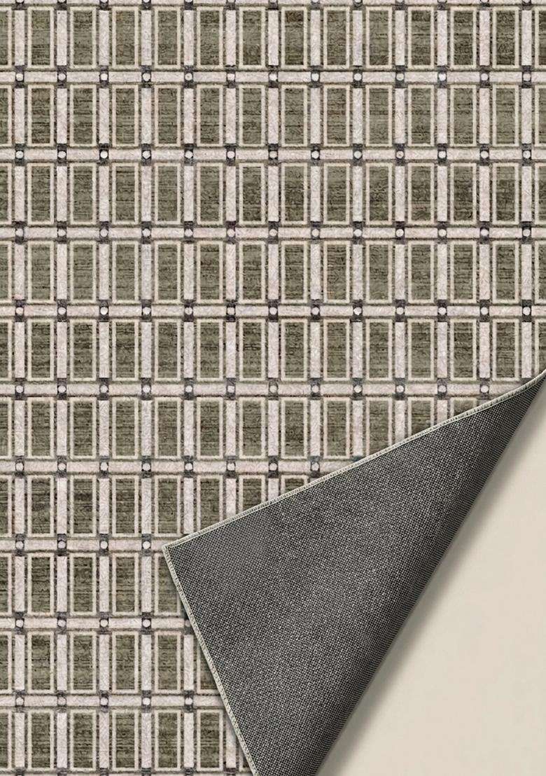 Washable Rugs Wool Blend Area Rug | Olive Green Contemporary Trellis Non Slip Carpet For Kitchen - Indya
