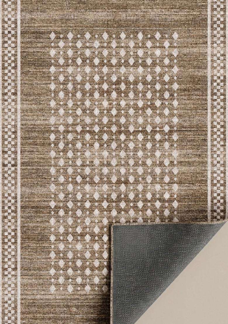 Washable Rugs Wool Blend Area Rug | Taupe Brown Transitional Geometric Non Slip Carpet For Kitchen - Indya