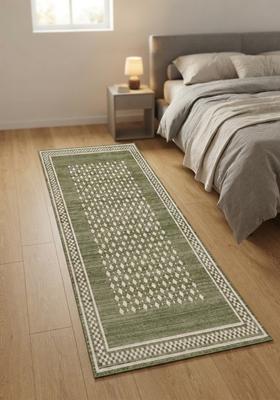 Saffron Rugs Wool Tufted Machine Washable Runner | Water Repellent Non Slip | Olive Green Transitional Geometric for Kitchen Bedroom Living Room Hallway