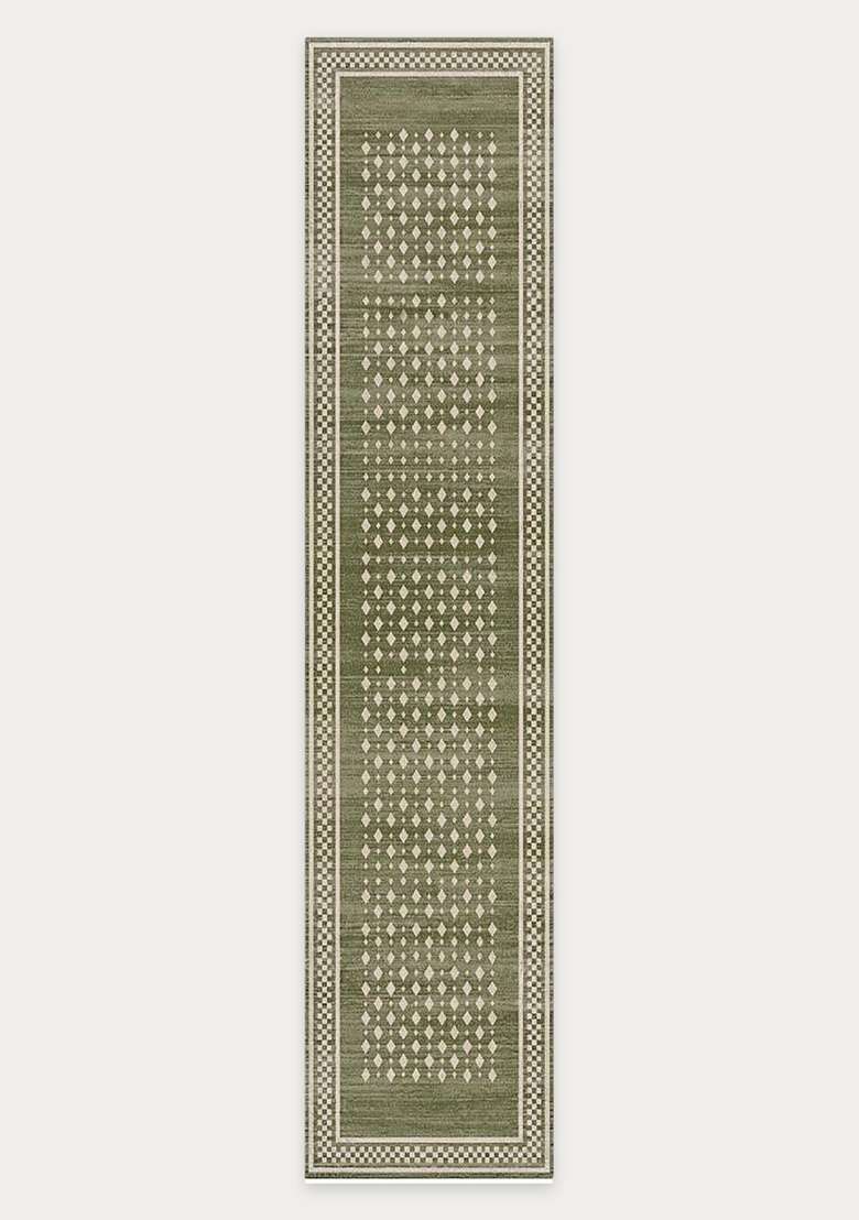 Washable Rugs Wool Blend Area Rug | Olive Green Transitional Geometric Non Slip Carpet For Kitchen - Indya