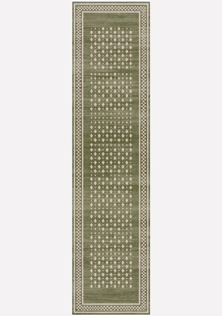 Saffron Rugs Wool Tufted Machine Washable Runner | Water Repellent Non Slip | Olive Green Transitional Geometric for Kitchen Bedroom Living Room Hallway - Indya