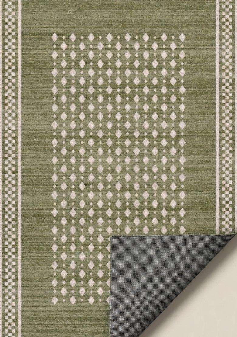 Washable Rugs Wool Blend Area Rug | Olive Green Transitional Geometric Non Slip Carpet For Kitchen - Indya