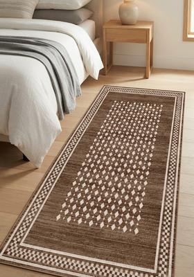 Saffron Rugs Wool Tufted Machine Washable Runner | Water Repellent Non Slip | Brown Transitional Geometric for Kitchen Bedroom Living Room Hallway