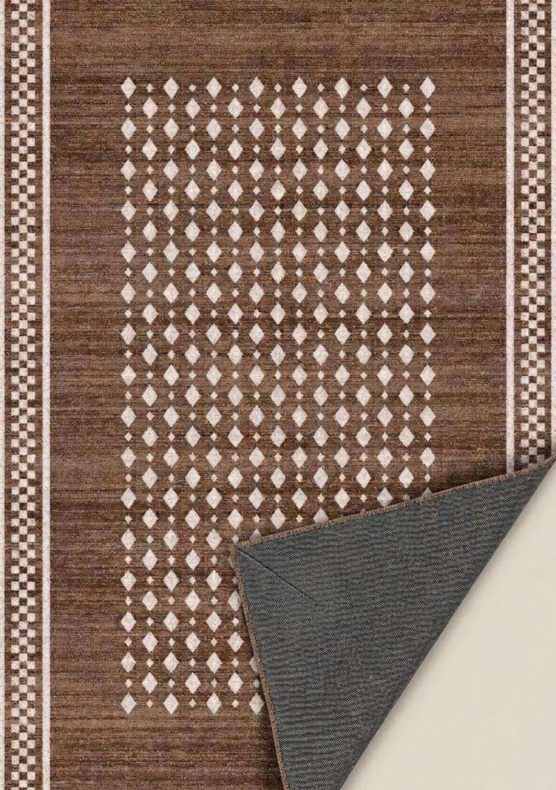 Washable Rugs Wool Blend Area Rug | Brown Transitional Geometric Non Slip Carpet For Kitchen - Indya