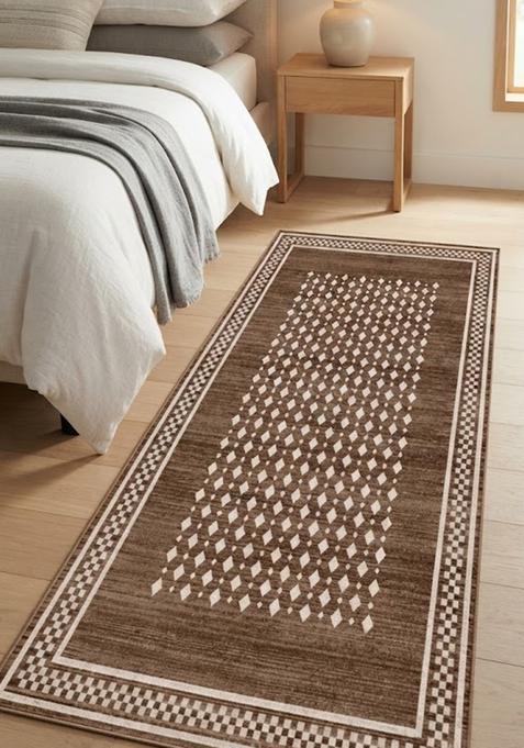 Saffron Rugs Wool Tufted Machine Washable Runner | Water Repellent Non Slip | Brown Transitional Geometric for Kitchen Bedroom Living Room Hallway