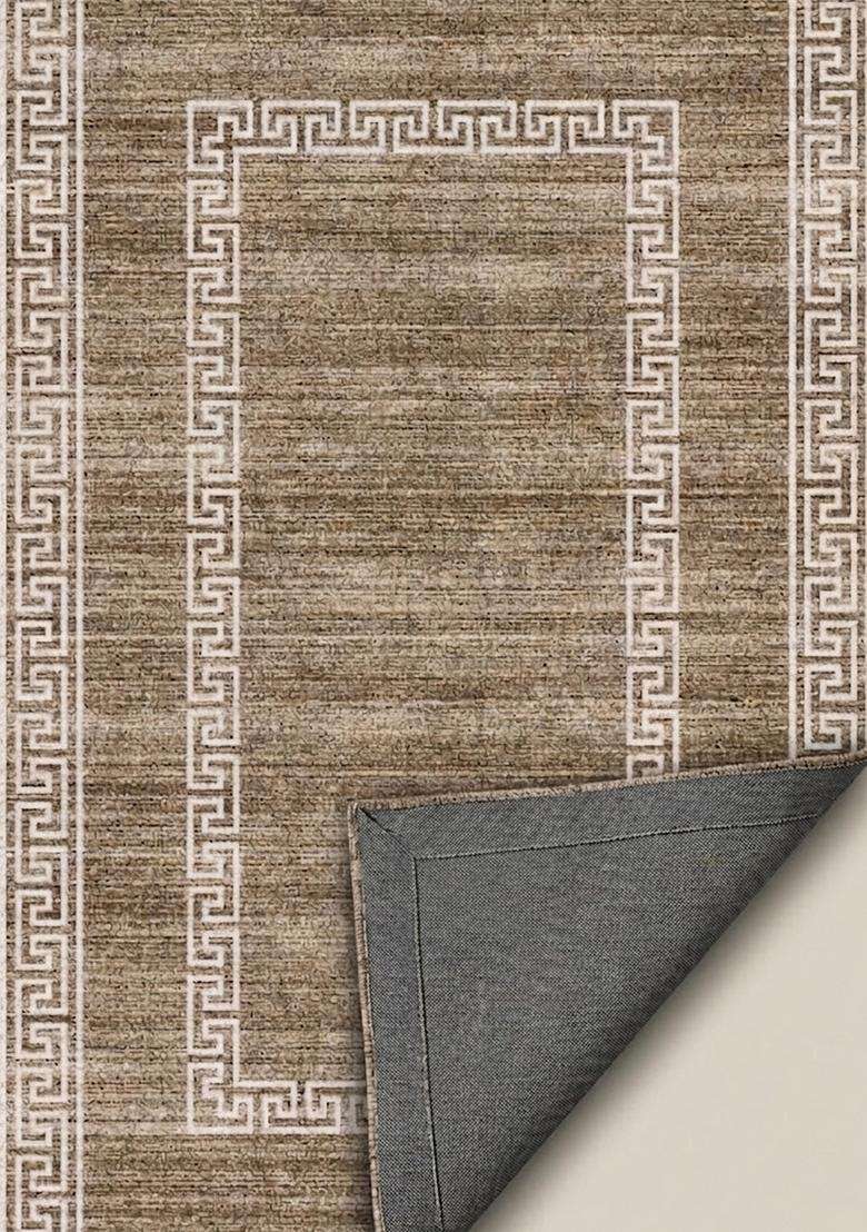Washable Rugs Wool Blend Area Rug | Taupe Brown Transitional Geometric Non Slip Carpet For Kitchen - Indya