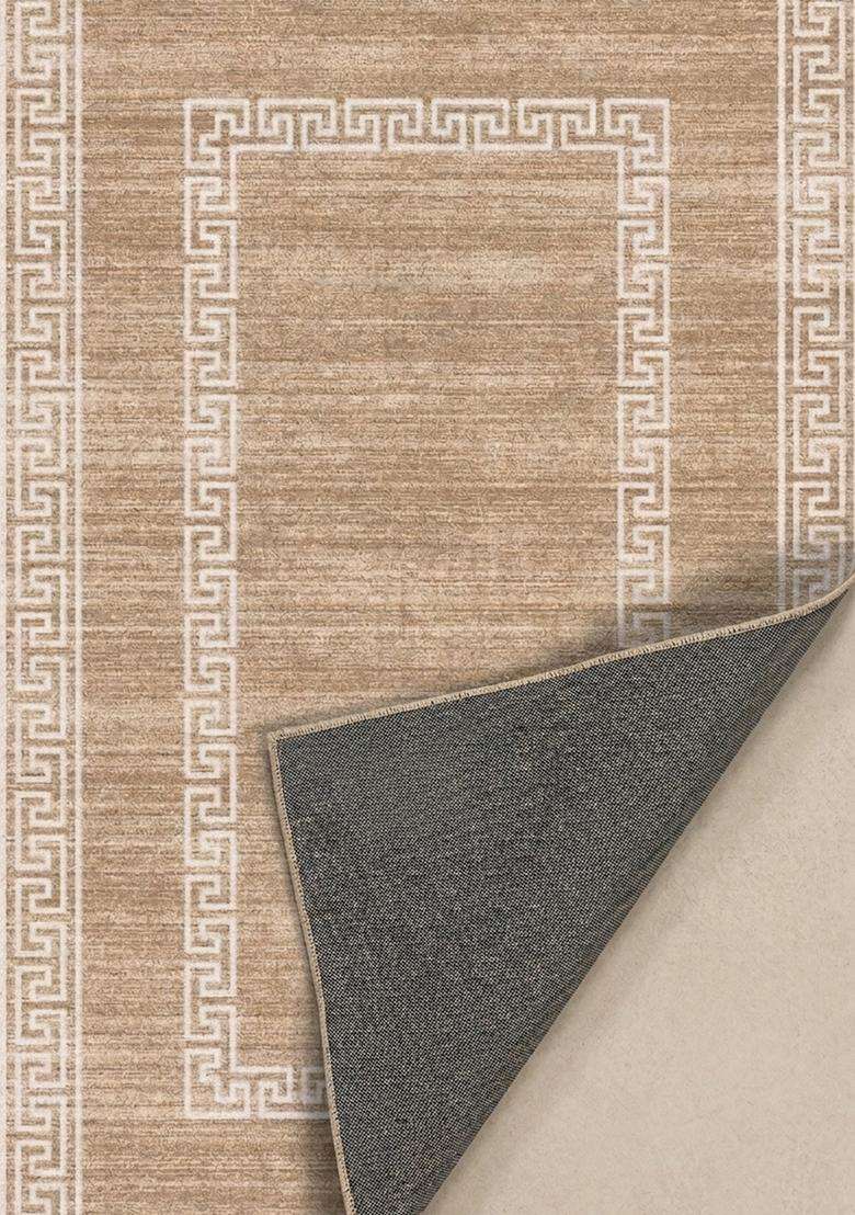 Washable Rugs Wool Blend Area Rug | Warm Beige Transitional Geometric Non Slip Carpet For Kitchen - Indya