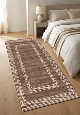 Saffron Rugs Wool Tufted Machine Washable Runner | Water Repellent Non Slip | Brown Transitional Geometric for Kitchen Bedroom Living Room Hallway
