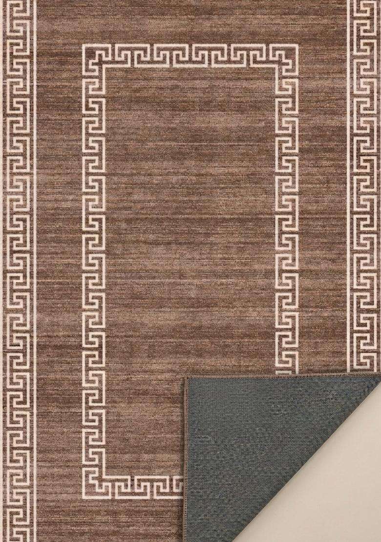Washable Rugs Wool Blend Area Rug | Brown Transitional Geometric Non Slip Carpet For Kitchen - Indya