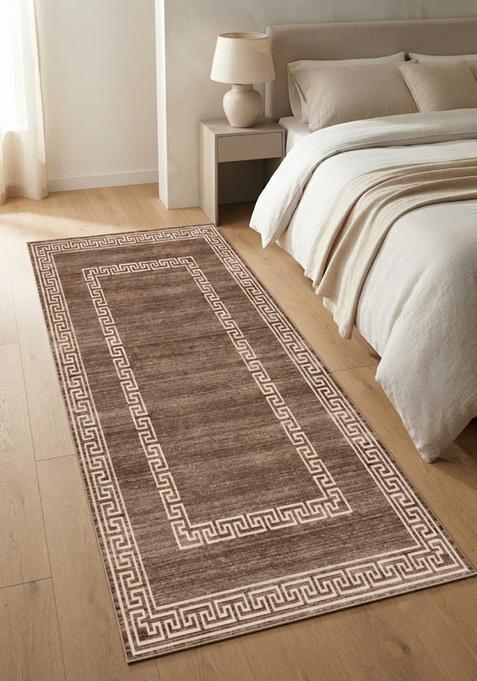 Saffron Rugs Wool Tufted Machine Washable Runner | Water Repellent Non Slip | Brown Transitional Geometric for Kitchen Bedroom Living Room Hallway