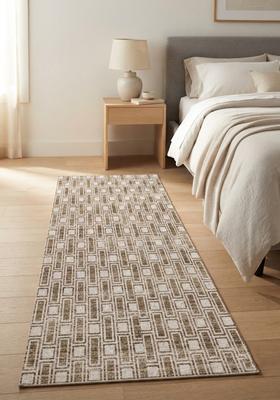 Saffron Rugs Wool Tufted Machine Washable Runner | Water Repellent Non Slip | Beige Brown Transitional Geometric for Kitchen Bedroom Living Room Hallway