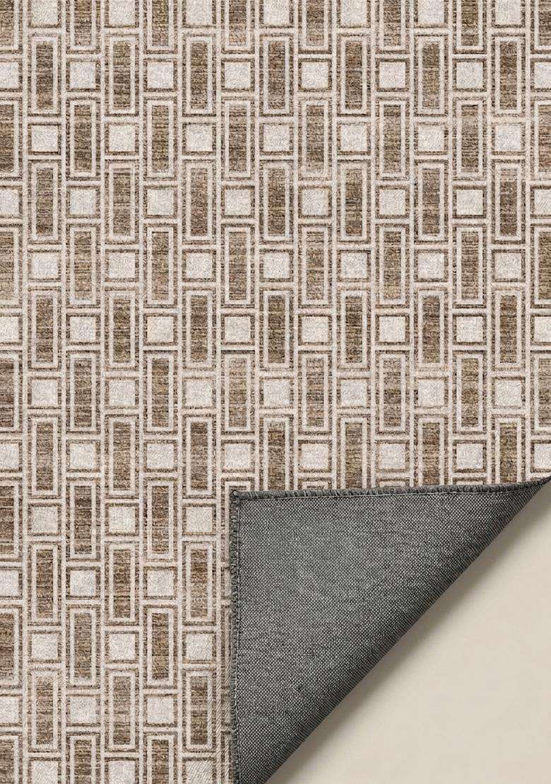 Washable Rugs Wool Blend Area Rug | Beige Brown Transitional Geometric Non Slip Carpet For Kitchen - Indya