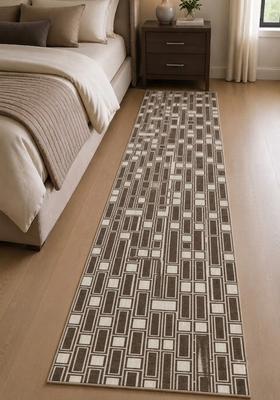 Saffron Rugs Wool Tufted Machine Washable Runner | Water Repellent Non Slip | Brown Cream Transitional Geometric for Kitchen Bedroom Living Room Hallway