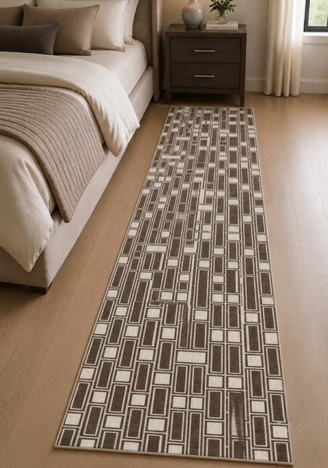 Saffron Rugs Wool Tufted Machine Washable Runner | Water Repellent Non Slip | Brown Cream Transitional Geometric for Kitchen Bedroom Living Room Hallway