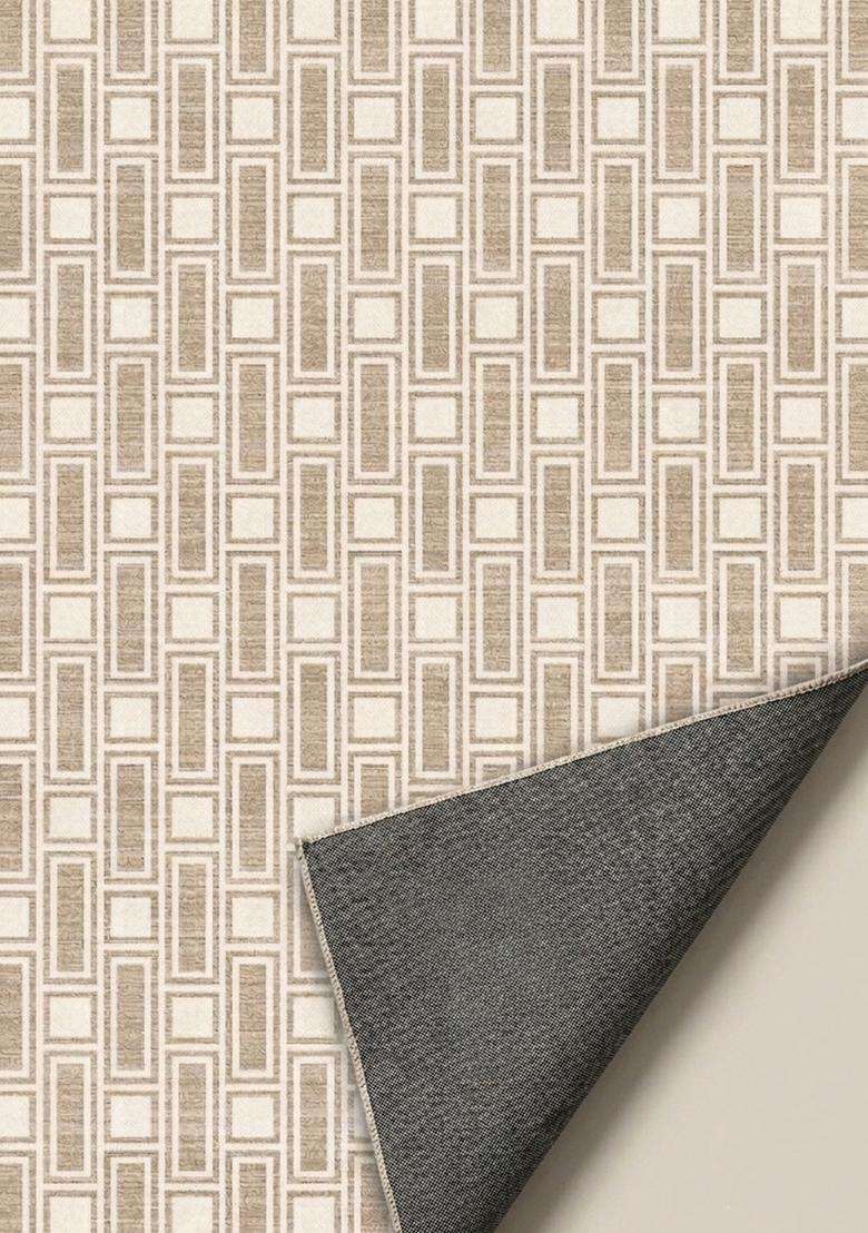 Washable Rugs Wool Blend Area Rug | Beige Tan Transitional Geometric Non Slip Carpet For Kitchen - Indya