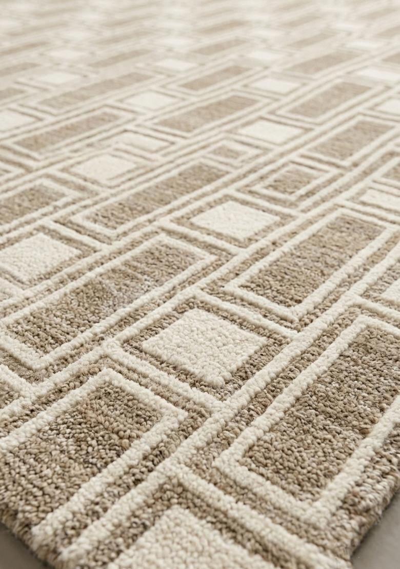 Saffron Rugs Wool Tufted Machine Washable Runner | Water Repellent Non Slip | Beige Tan Transitional Geometric for Kitchen Bedroom Living Room Hallway - Indya