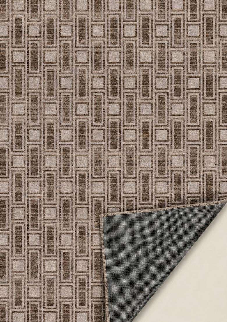 Washable Rugs Wool Blend Area Rug | Taupe Brown Transitional Geometric Non Slip Carpet For Kitchen - Indya