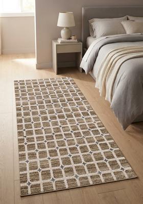 Saffron Rugs Wool Tufted Machine Washable Runner | Water Repellent Non Slip | Brown Beige Transitional Trellis for Kitchen Bedroom Living Room Hallway