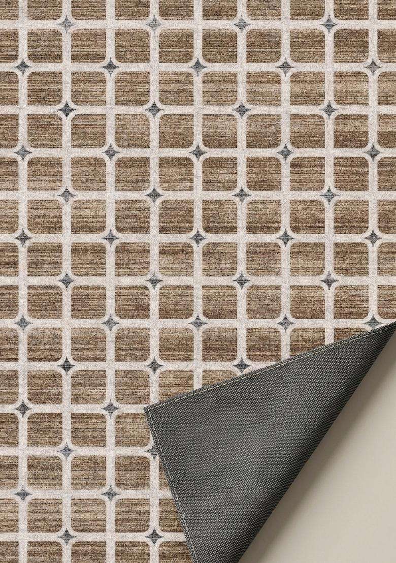 Washable Rugs Wool Blend Area Rug | Brown Beige Transitional Trellis Non Slip Carpet For Kitchen - Indya