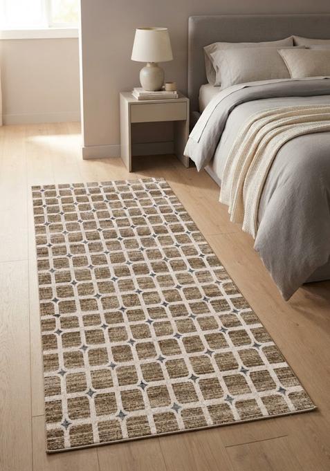 Saffron Rugs Wool Tufted Machine Washable Runner | Water Repellent Non Slip | Brown Beige Transitional Trellis for Kitchen Bedroom Living Room Hallway