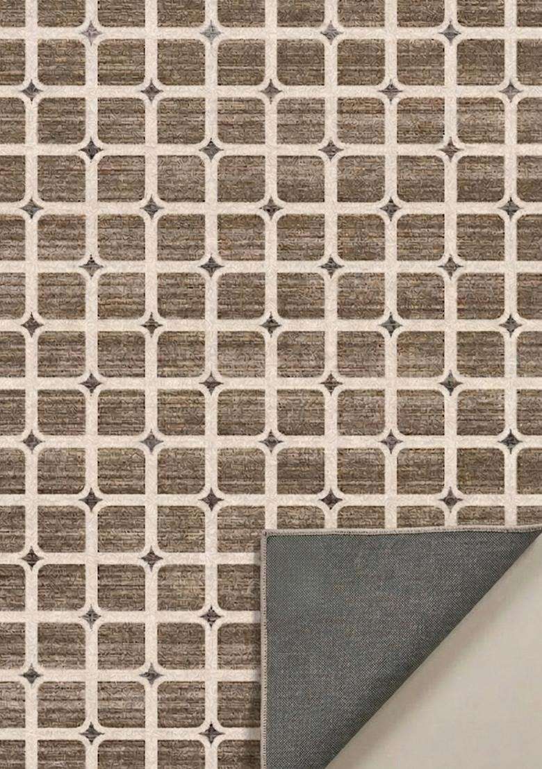 Washable Rugs Wool Blend Area Rug | Brown Taupe Transitional Trellis Non Slip Carpet For Kitchen - Indya