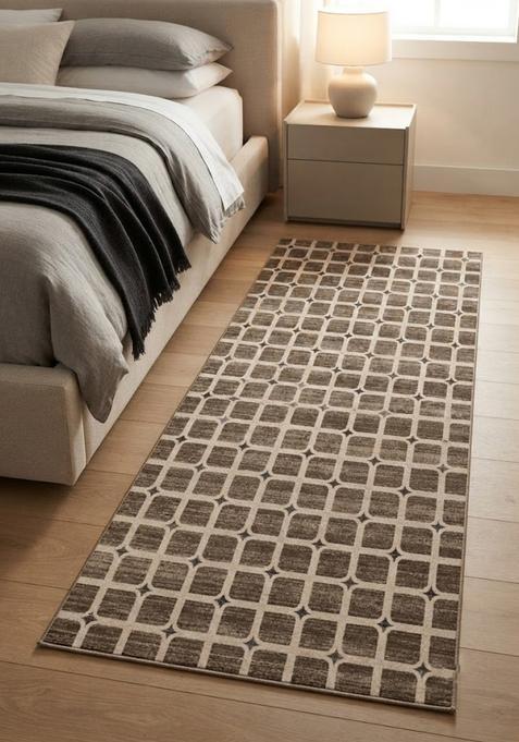 Saffron Rugs Wool Tufted Machine Washable Runner | Water Repellent Non Slip | Brown Taupe Transitional Trellis for Kitchen Bedroom Living Room Hallway
