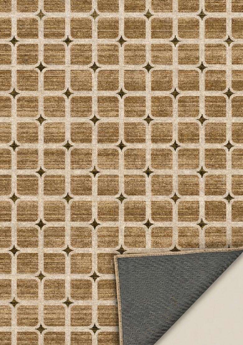 Washable Rugs Wool Blend Area Rug | Tan Brown Transitional Trellis Non Slip Carpet For Kitchen - Indya