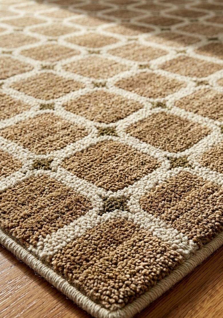 Saffron Rugs Wool Tufted Machine Washable Runner | Water Repellent Non Slip | Tan Brown Transitional Trellis for Kitchen Bedroom Living Room Hallway - Indya