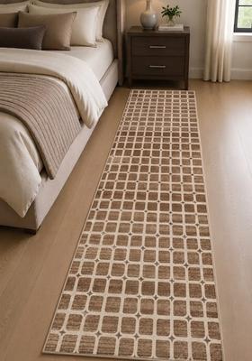 Saffron Rugs Wool Tufted Machine Washable Runner | Water Repellent Non Slip | Brown Beige 2 Transitional Trellis for Kitchen Bedroom Living Room Hallway