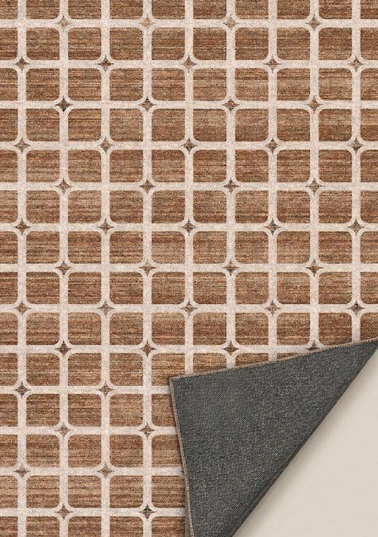 Washable Rugs Wool Blend Area Rug | Brown Beige Transitional Trellis Non Slip Carpet For Kitchen - Indya