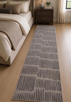 Saffron Rugs Wool Tufted Machine Washable Runner | Water Repellent Non Slip | Grey and Cream Contemporary Geometric for Kitchen Bedroom Living Room Hallway