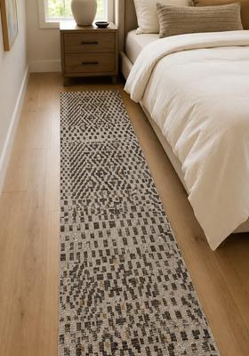 Saffron Rugs Wool Tufted Machine Washable Runner | Water Repellent Non Slip | Grey Beige Bohemian Geometric for Kitchen Bedroom Living Room Hallway