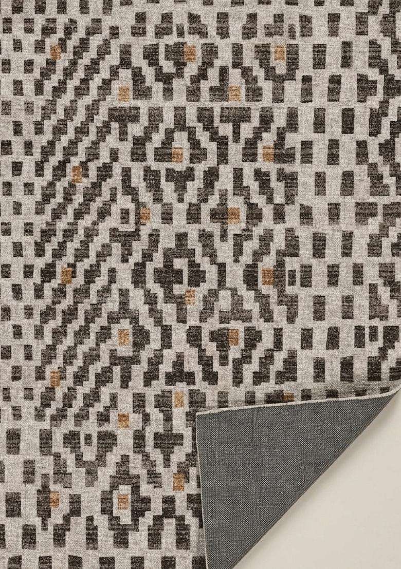 Washable Rugs Wool Blend Area Rug | Grey Beige Bohemian Geometric Non Slip Carpet For Kitchen - Indya