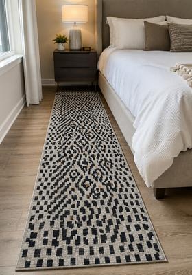Saffron Rugs Wool Tufted Machine Washable Runner | Water Repellent Non Slip | Grey and Black Bohemian Geometric for Kitchen Bedroom Living Room Hallway