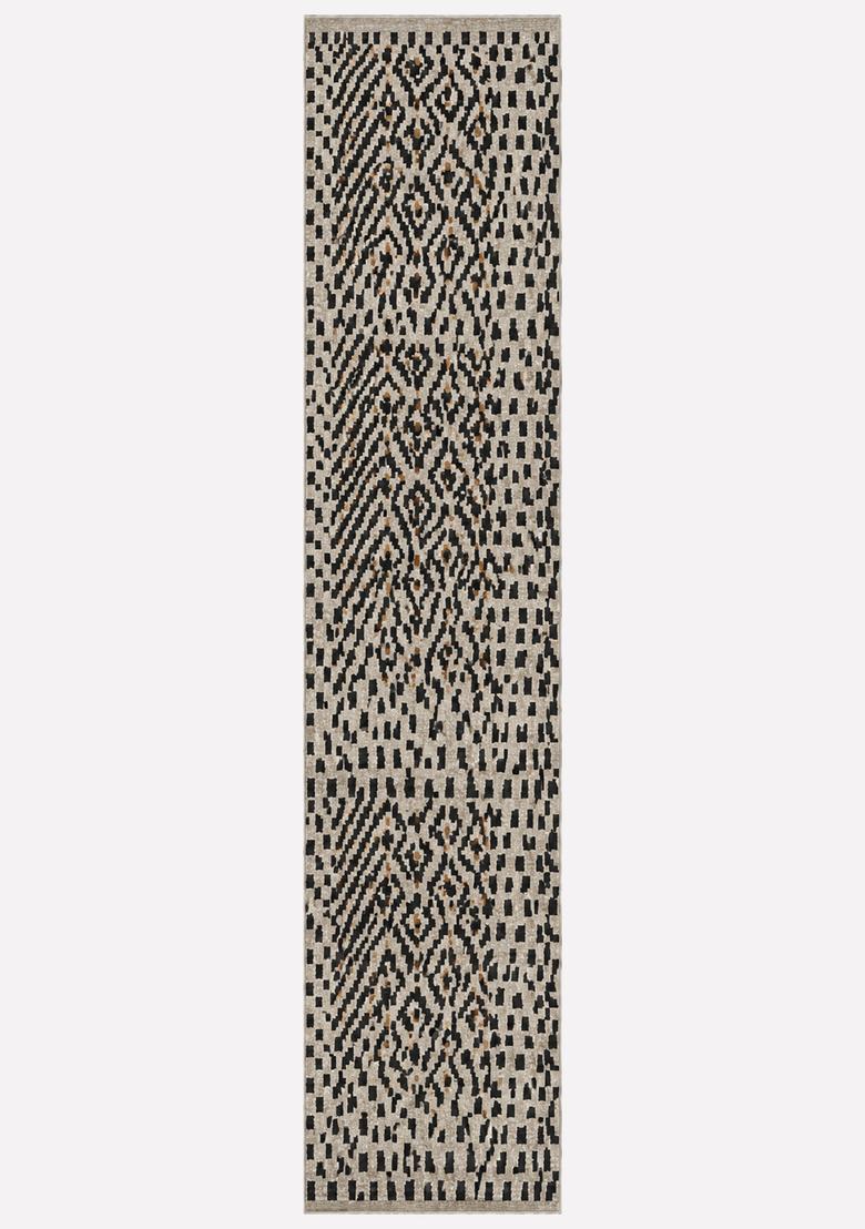 Saffron Rugs Wool Tufted Machine Washable Runner | Water Repellent Non Slip | Grey and Black Bohemian Geometric for Kitchen Bedroom Living Room Hallway - Indya