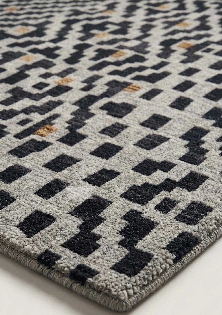 Saffron Rugs Wool Tufted Machine Washable Runner | Water Repellent Non Slip | Grey and Black Bohemian Geometric for Kitchen Bedroom Living Room Hallway - Indya