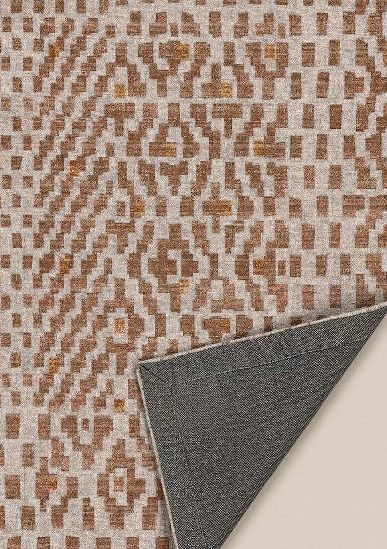 Washable Rugs Wool Blend Area Rug | Beige Brown Bohemian Geometric Non Slip Carpet For Kitchen - Indya