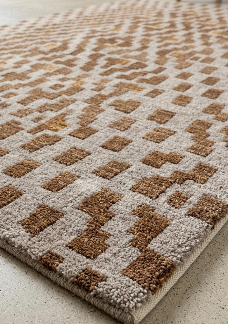 Saffron Rugs Wool Tufted Machine Washable Runner | Water Repellent Non Slip | Beige Brown 2 Bohemian Geometric for Kitchen Bedroom Living Room Hallway - Indya