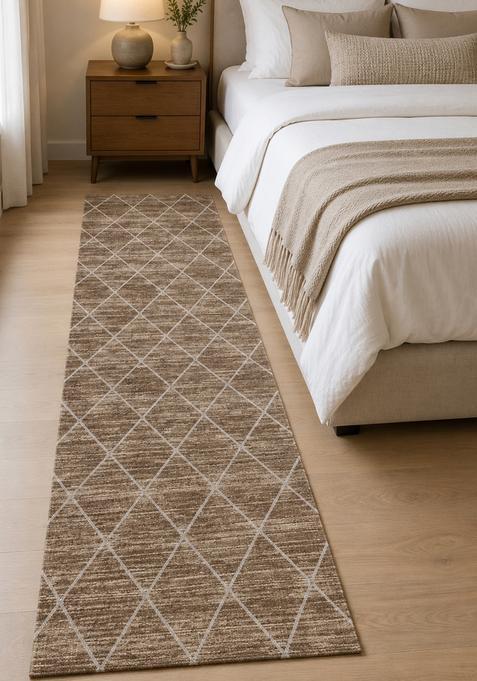 Saffron Rugs Wool Tufted Machine Washable Runner | Water Repellent Non Slip | Brown Tan Moroccan Trellis for Kitchen Bedroom Living Room Hallway